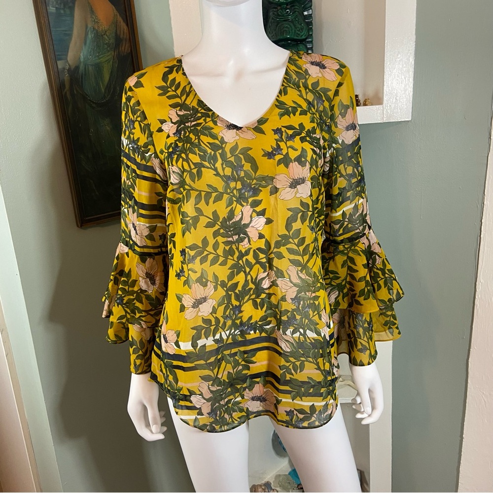 Cabi 5518 Spring Scene Sheer Floral Ruffle Bell Sleeve Top Small S Yellow